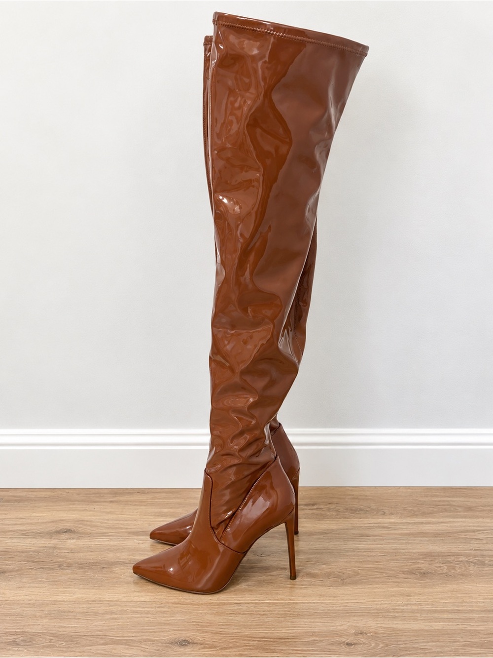 Steve Madden Patent Leather Over The Knee Stiletto Boots Women’s 7.5 Brown NEW
